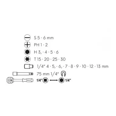 Ráčna oboustranná s bity a adaptery 1/4" 23 ks