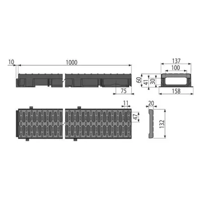 Venkovní žlab Low, 1010 x 137 x 60 mm, plastový rám i rošt