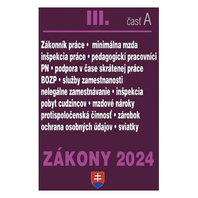 Zákony III A 2024 Pracovnoprávne vzťahy a zamestnávanie - Autor Neuveden