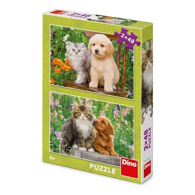 Puzzle 2x48 Pejsek a kočička na zahradě - Autor Neuveden