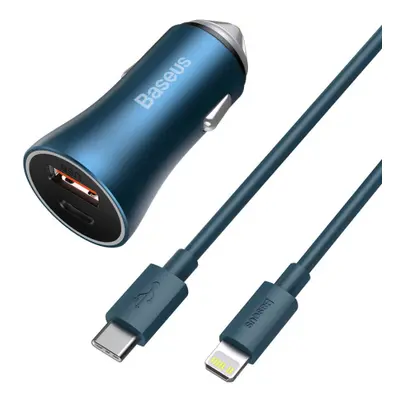 Baseus Golden Contactor Pro autonabíječka USB-C / USB 40W PD QC + kabel USB-C / Lightning, modrá