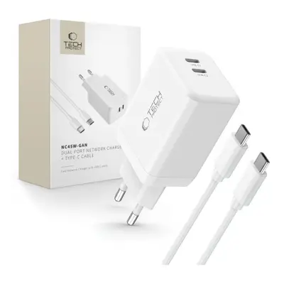 Tech-Protect NC45W GaN síťová nabíječka 2x USB-C 45W + kabel USB-C, bíla