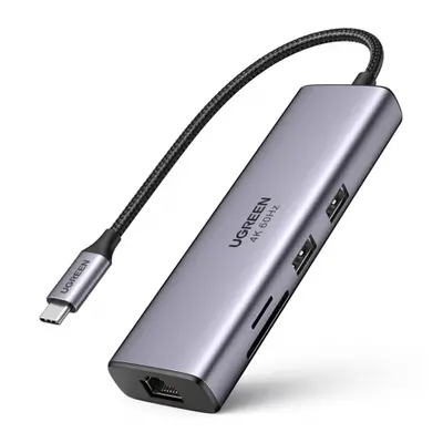 Ugreen CM512 HUB adaptér USB-C - 2x USB 3.2 / HDMI 4K / SD TF / USB-C PD 100W / RJ45, šedý (6051