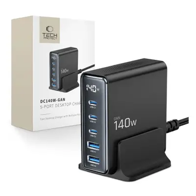 Tech-Protect DC140W 5 Port GaN nabíječka 2x USB / 3x USB-C 140W PD QC, černá