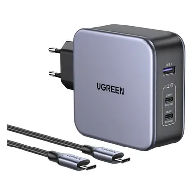 Ugreen CD289 GaN síťová nabíječka 2x USB-C / USB 140W + kabel USB-C, stříbrná (90549)