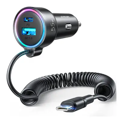 Joyroom 3in1 autonabíječka USB / USB-C 55W + vstavaný kabel USB-C, černá (JR-CL07)