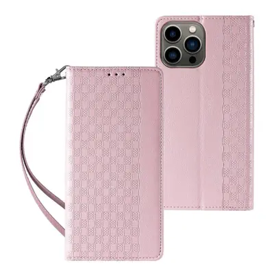 MG Magnet Strap knížkové kožené pouzdro na iPhone 13 Pro, růžové