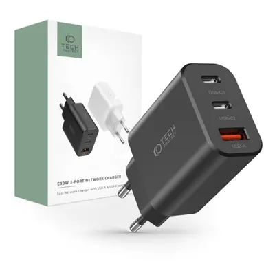 Tech-Protect 3-port síťová nabíječka USB / 2x USB-C 30W PD QC, černá