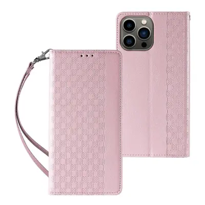 MG Magnet Strap knížkové kožené pouzdro na iPhone 12 Pro, růžové