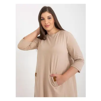 Dámské šaty s 3/4 rukávy plus size mini DALENNE tmavě béžové