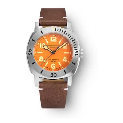 Nivada Grenchen Depthmaster Numerals Orange - Brown Leather White Stitching