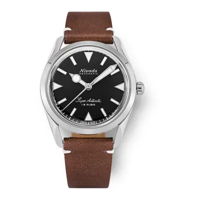 Nivada Grenchen Super Antarctic 35 mm - Black White Luminova - Brown Leather White Stitching