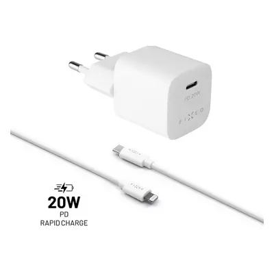 FIXED Mini nabíječka s USB-C a USB-C/Lightning kabelem, PD, 1 m, MFI, 20W, bílá