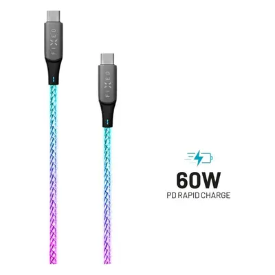 FIXED svítící nabíjecí kabel USB-C/USB-C (PD), 1,2 m, 60W, duhový