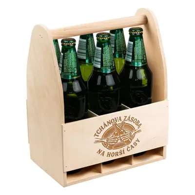 FK Dřevěný nosič na pivo TCHÁNOVA ZÁSOBA NA HORŠÍ ČASY - 32x26x16 cm, Přírodní