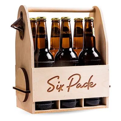 FK Dřevěný nosič na pivo s celokovovým otvírákem + 6ks kulatých podtácků - SIX PACK 32x26x16 cm,