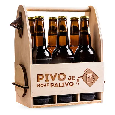 FK Dřevěný nosič na pivo s celokovovým otvírákem + 6ks kulatých podtácků - PIVO JE MOJE PALIVO 3