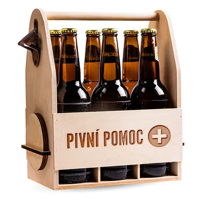 FK Dřevěný nosič na pivo s celokovovým otvírákem + 6ks kulatých podtácků - PIVNÍ POMOC 32x26x16 