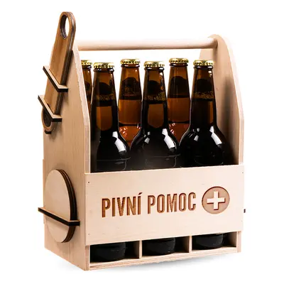 FK Dřevěný nosič na pivo s dřevěným otvírákem + 6ks kulatých podtácků - PIVNÍ POMOC 32x26x16 cm,