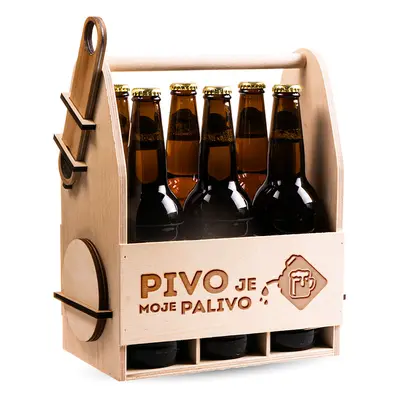 FK Dřevěný nosič na pivo s dřevěným otvírákem + 6ks kulatých podtácků - PIVO JE MOJE PALIVO 32x2