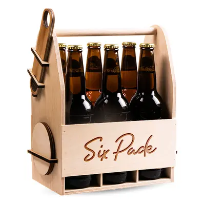 FK Dřevěný nosič na pivo s dřevěným otvírákem + 6ks kulatých podtácků - SIX PACK 32x26x16 cm, Př