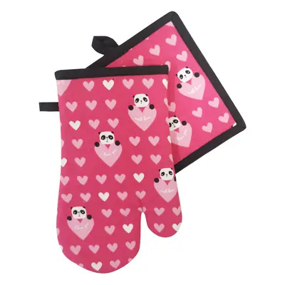 Kuchyňský SET rukavice/chňapka VALENTINES 18x30 cm/20X20 cm panda , 100% bavlna