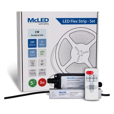 McLED LED pásek - sada 3 m + Přijímač Nano IP67, 240 LED/m, CW, 6 W/m, DC 24V, 520 lm/m, CRI90, 