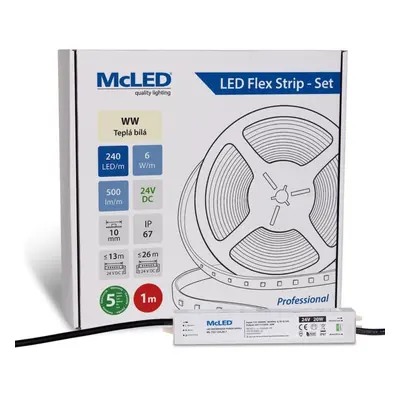 McLED LED pásek - sada 1 m, 240 LED/m, WW, 6 W/m, DC 24V, 500 lm/m, CRI90, IP67, 10 mm, vodič 3