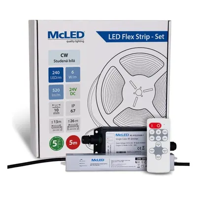 McLED LED pásek - sada 5 m + Přijímač Nano IP67, 240 LED/m, CW, 6 W/m, DC 24V, 520 lm/m, CRI90,