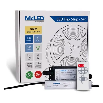 McLED LED pásek - sada 3 m + Přijímač Nano IP67, 240 LED/m, UWW, 6 W/m, DC 24V, 380 lm/m, CRI90,