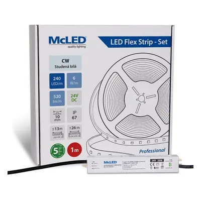 McLED LED pásek - sada 1 m, 240 LED/m, CW, 6 W/m, DC 24V, 520 lm/m, CRI90, IP67, 10 mm, vodič 3