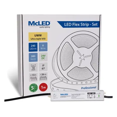 McLED LED pásek - sada 1 m, 240 LED/m, UWW, 6 W/m, DC 24V, 380 lm/m, CRI90, IP67, 10 mm, vodič 