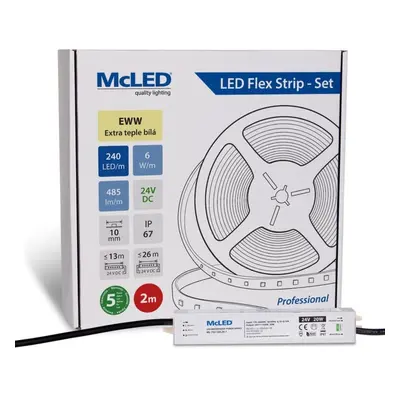 McLED LED pásek - sada 2 m, 240 LED/m, EWW, 6 W/m, DC 24V, 485 lm/m, CRI90, IP67, 10 mm, vodič 3