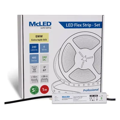 McLED LED pásek - sada 1 m, 240 LED/m, EWW, 6 W/m, DC 24V, 485 lm/m, CRI90, IP67, 10 mm, vodič 