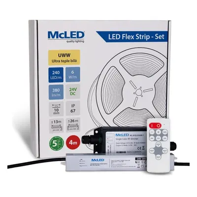 McLED LED pásek - sada 4 m, 240 LED/m, UWW, 6 W/m, DC 24V, 380 lm/m, CRI90, IP67, 10 mm, vodič 