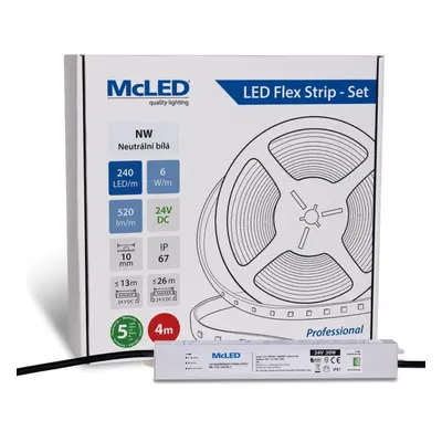 McLED LED pásek - sada 4 m, 240 LED/m, NW, 6 W/m, DC 24V, 520 lm/m, CRI90, IP67, 10 mm, vodič 3