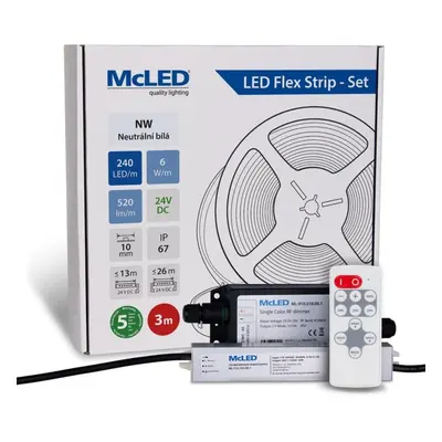 McLED LED pásek - sada 3 m + Přijímač Nano IP67, 240 LED/m, NW, 6 W/m, DC 24V, 520 lm/m, CRI90, 