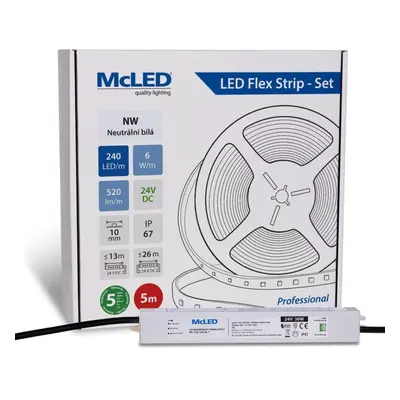 McLED LED pásek - sada 5 m, 240 LED/m, NW, 6 W/m, DC 24V, 520 lm/m, CRI90, IP67, 10 mm, vodič 3