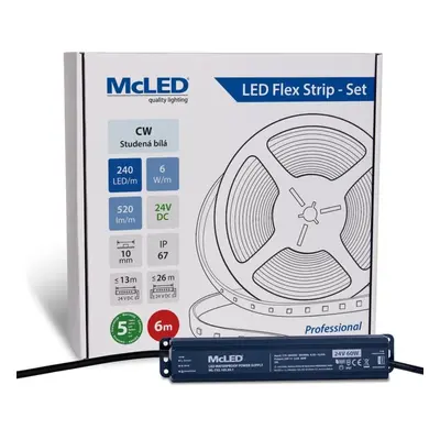 McLED LED pásek - sada 6 m, 240 LED/m, CW, 6 W/m, DC 24V, 520 lm/m, CRI90, IP67, 10 mm, vodič 3