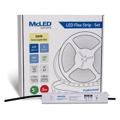 McLED LED pásek - sada 5 m, 240 LED/m, EWW, 6 W/m, DC 24V, 485 lm/m, CRI90, IP67, 10 mm, vodič 