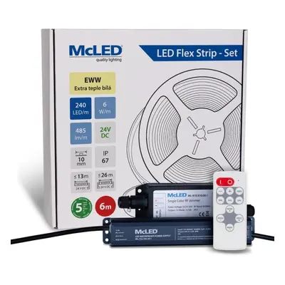 McLED LED pásek - sada 6 m + Přijímač Nano IP67, 240 LED/m, EWW, 6 W/m, DC 24V, 485 lm/m, CRI90