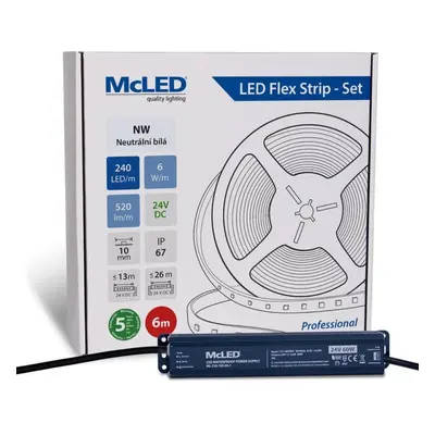 McLED LED pásek - sada 6 m, 240 LED/m, NW, 6 W/m, DC 24V, 520 lm/m, CRI90, IP67, 10 mm, vodič 3