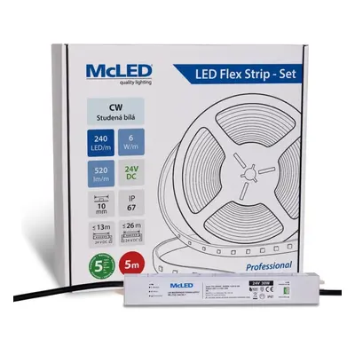 McLED LED pásek - sada 5 m, 240 LED/m, CW, 6 W/m, DC 24V, 520 lm/m, CRI90, IP67, 10 mm, vodič 3