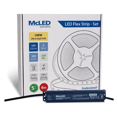 McLED LED pásek - sada 6 m, 240 LED/m, UWW, 6 W/m, DC 24V, 380 lm/m, CRI90, IP67, 10 mm, vodič 