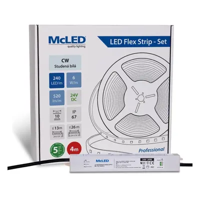 McLED LED pásek - sada 4 m, 240 LED/m, CW, 6 W/m, DC 24V, 520 lm/m, CRI90, IP67, 10 mm, vodič 3