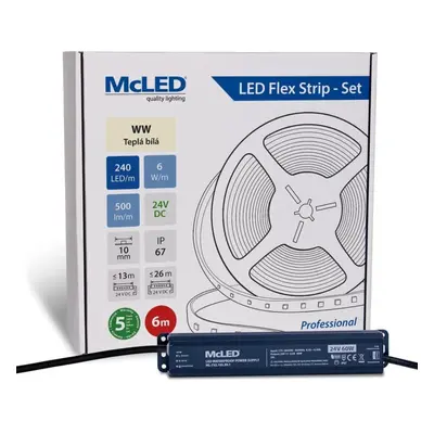 McLED LED pásek - sada 6 m, 240 LED/m, WW, 6 W/m, DC 24V, 500 lm/m, CRI90, IP67, 10 mm, vodič 3