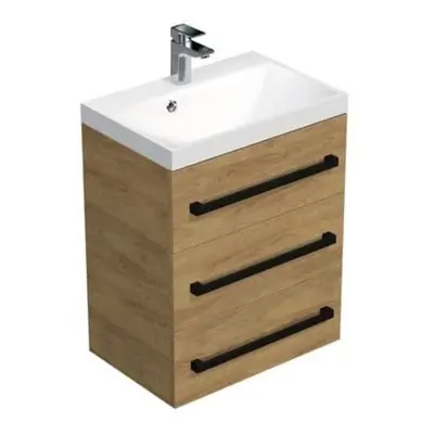 Koupelnová skříňka s černou úchytkou a umyvadlem SAT Cube Way 60x76,5x40 cm dub Hickory mat CUBE