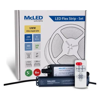 McLED LED pásek - sada 6 m + Přijímač Nano IP67, 240 LED/m, UWW, 6 W/m, DC 24V, 380 lm/m, CRI90