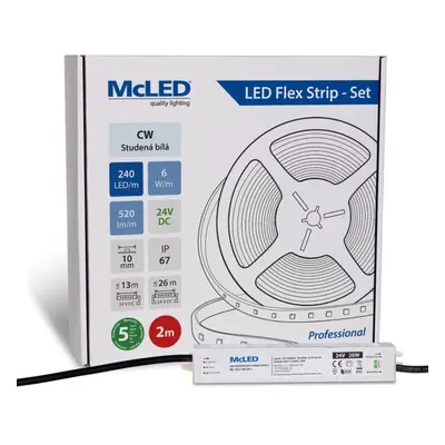 McLED LED pásek - sada 2 m, 240 LED/m, CW, 6 W/m, DC 24V, 520 lm/m, CRI90, IP67, 10 mm, vodič 3