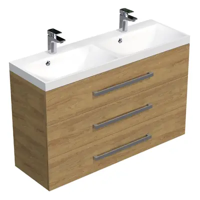 Koupelnová skříňka s chromovými úchyty a umyvadlem SAT Cube Way 120x76,5x40 cm dub Hickory mat C